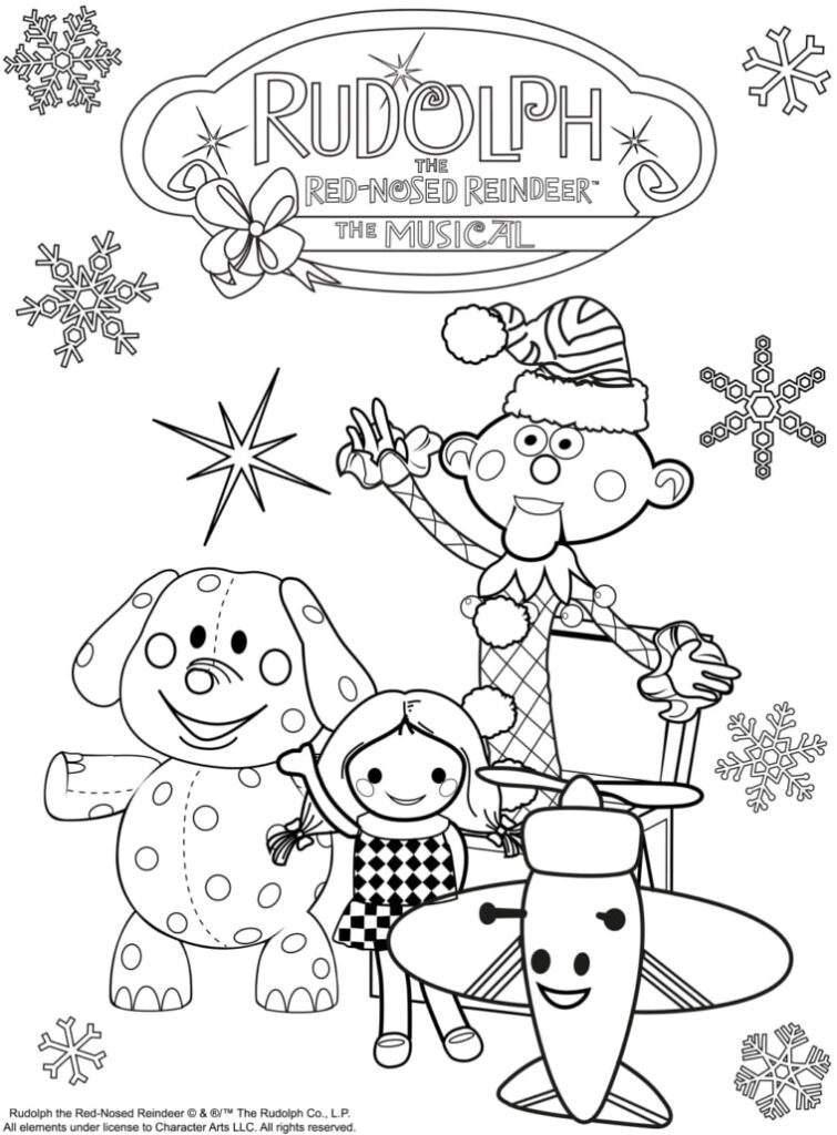 Rudolph the Red-Nosed Reindeer musical coloring page with characters