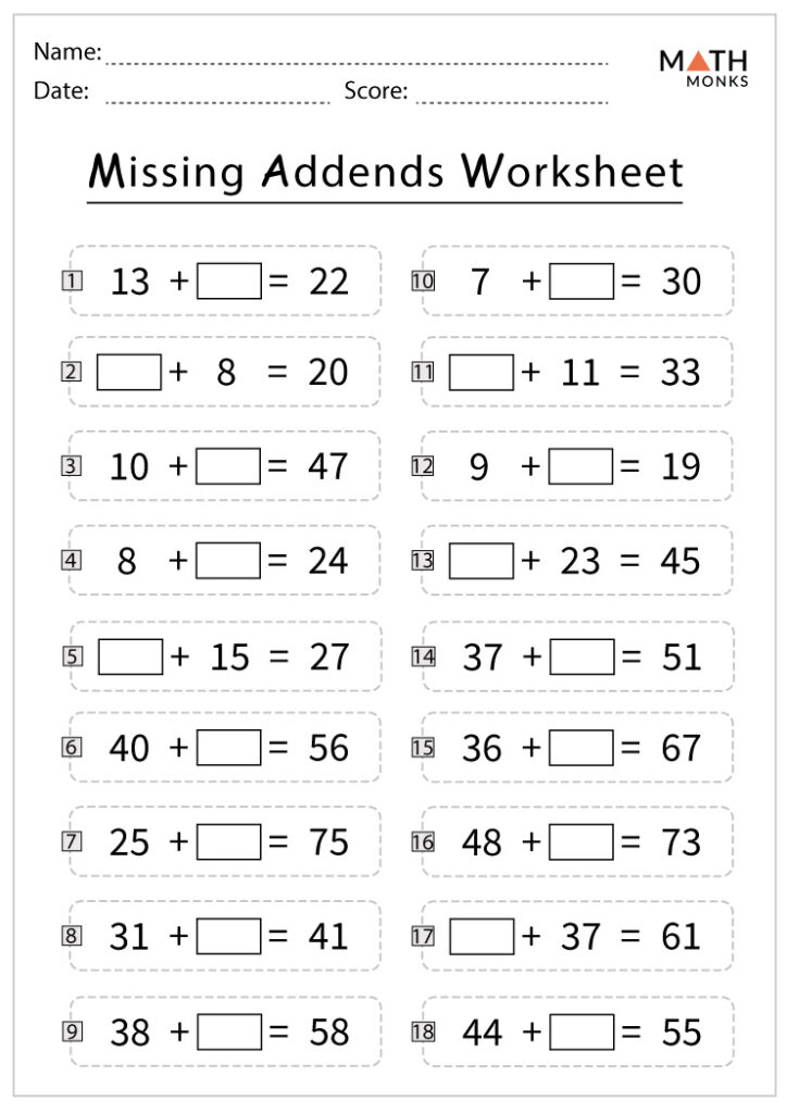 Missing addends math worksheet with eighteen problems