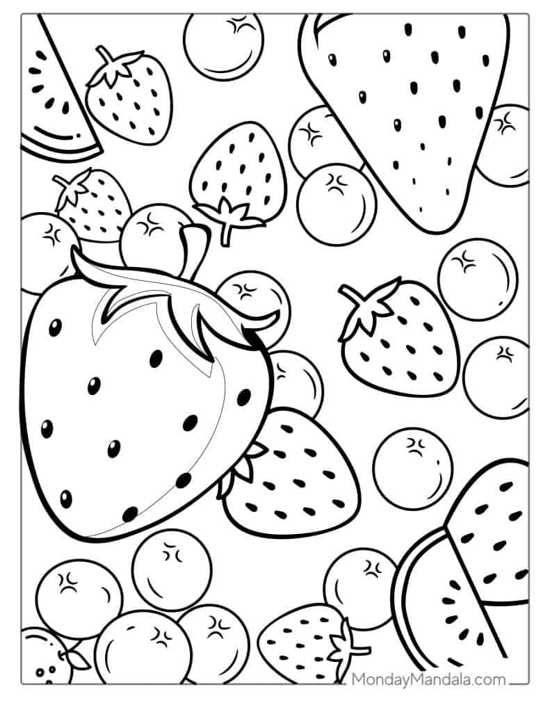 Black-and-white coloring page of strawberries and watermelon slices