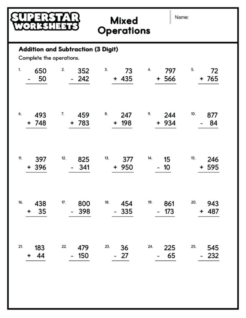 Mixed operations worksheet with 25 problems