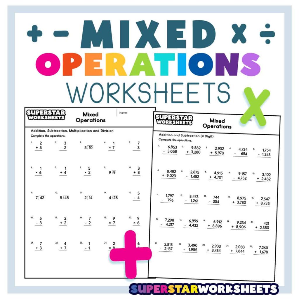 Colorful mixed operations worksheets with arithmetic symbols and pages