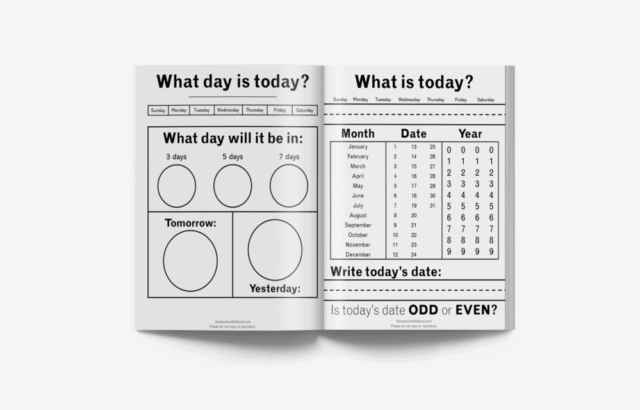 Open workbook pages with date and day worksheets