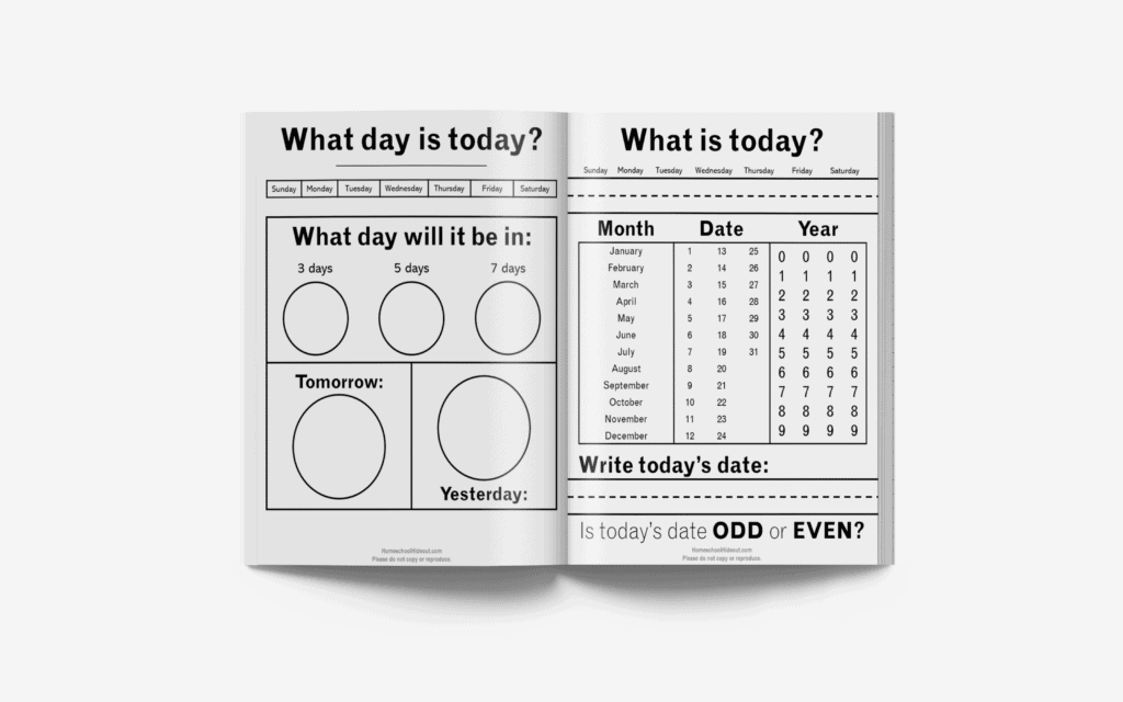 Open workbook pages with date and day worksheets