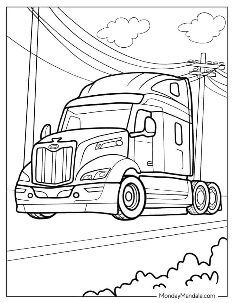 Semi truck driving on road under power lines