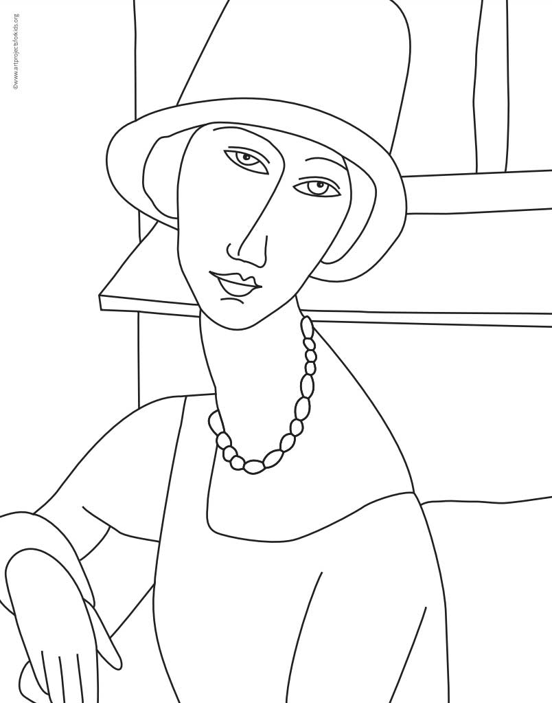 Line drawing of woman wearing hat and necklace