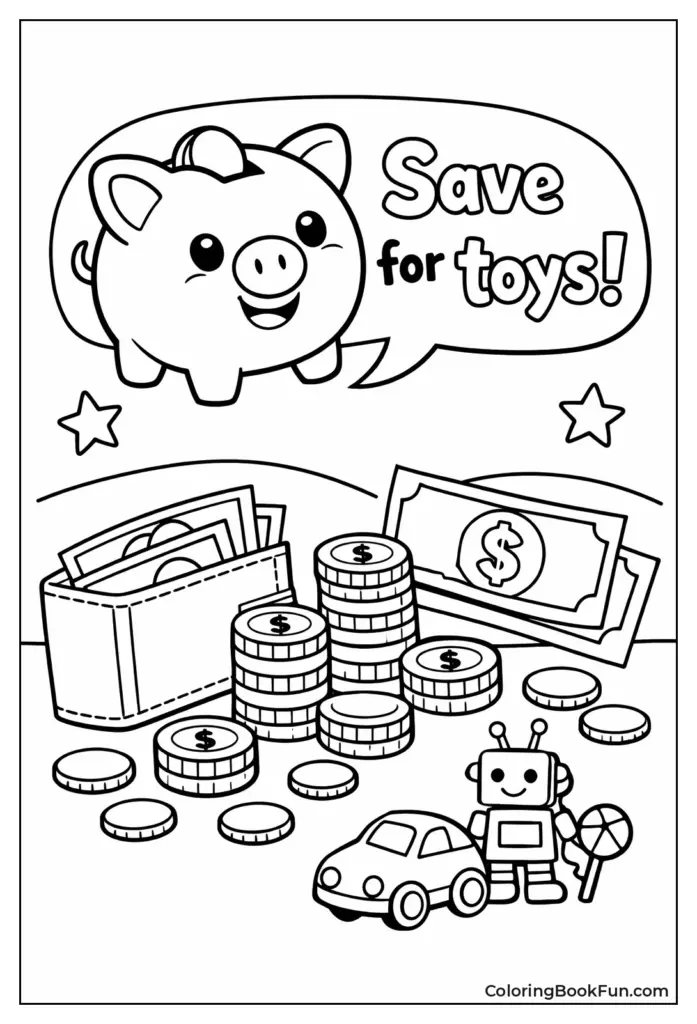 Piggy bank with “Save for toys” and coins