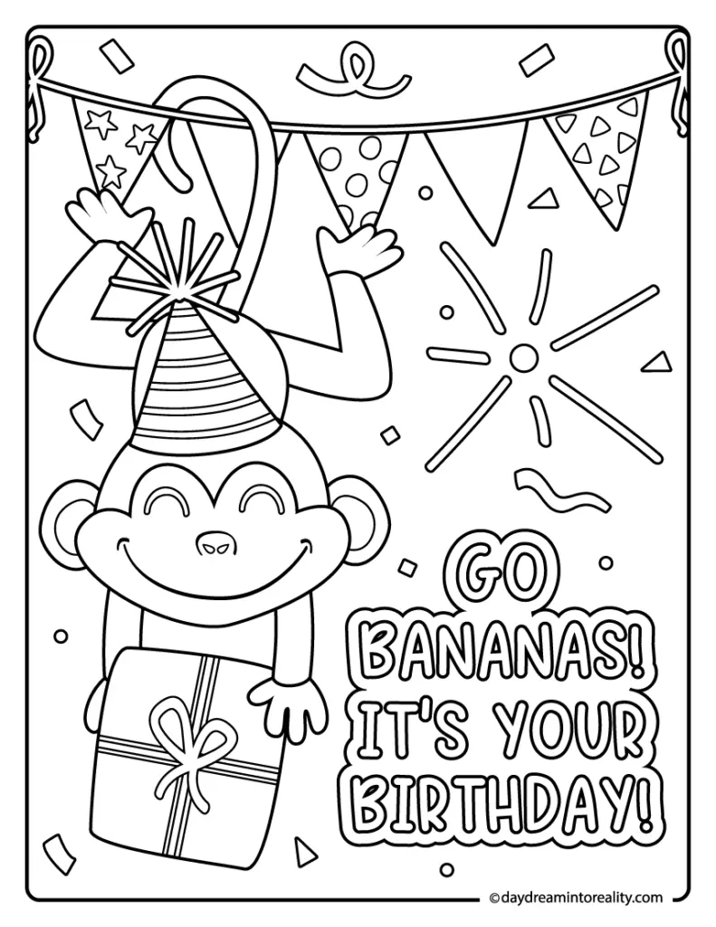 Birthday monkey holding gift, party banner, text