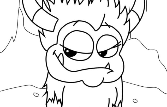 Cartoon horned monster standing in cave