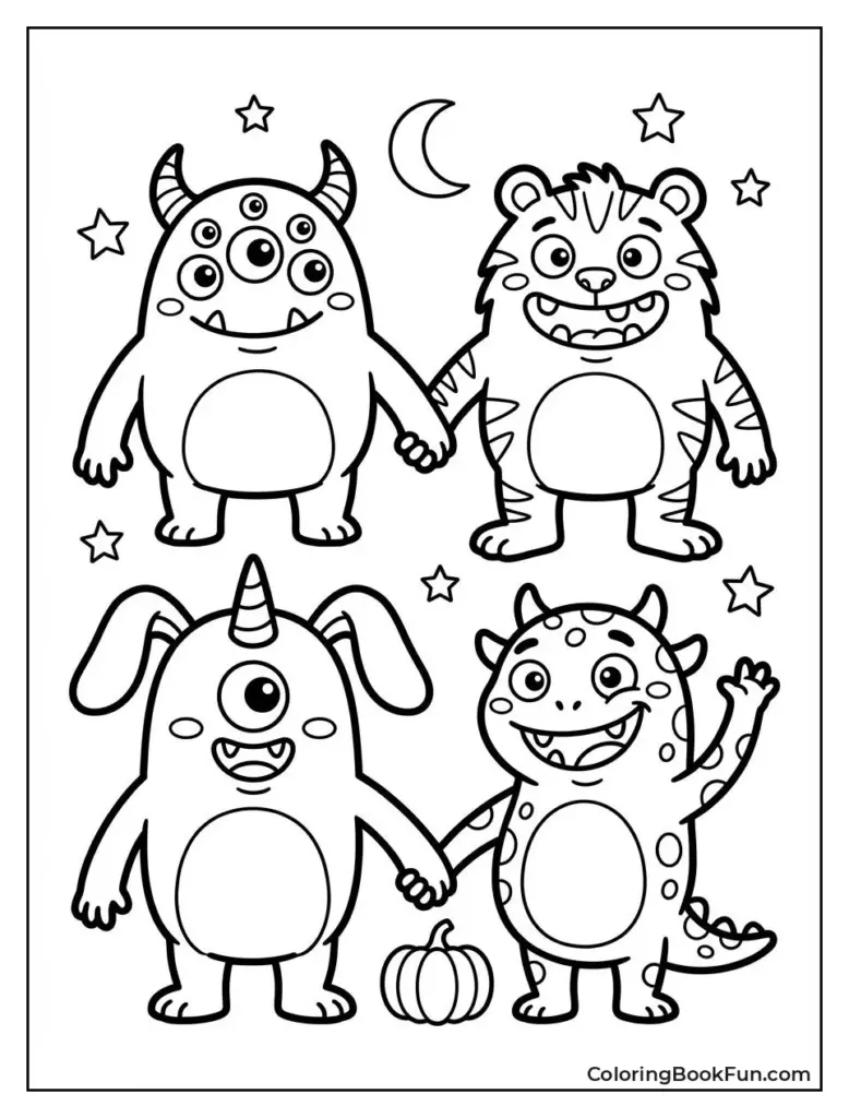 Four cartoon monsters holding hands with stars and moon