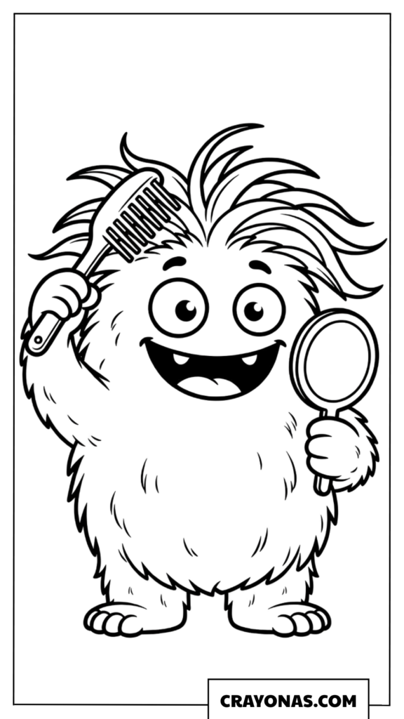 Cartoon furry monster brushing hair, holding mirror