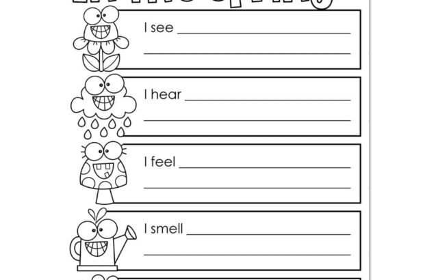 Spring five senses worksheet with cartoon flowers and lines
