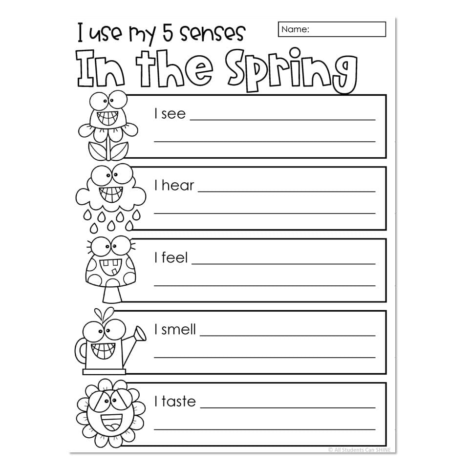 Spring five senses worksheet with cartoon flowers and lines