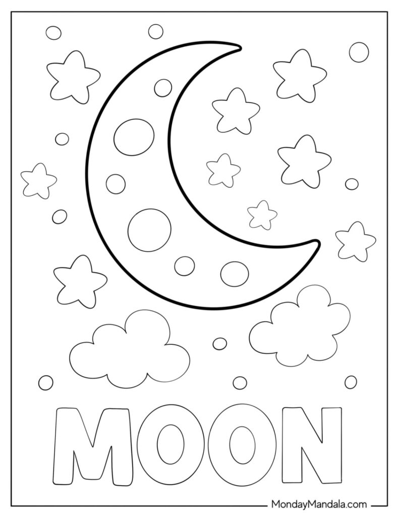 Moon and stars coloring page with clouds and text