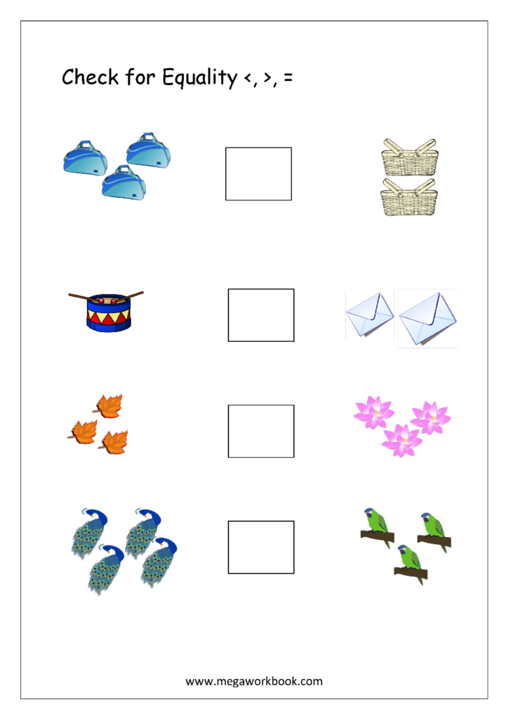 Worksheet with picture groups and empty comparison boxes