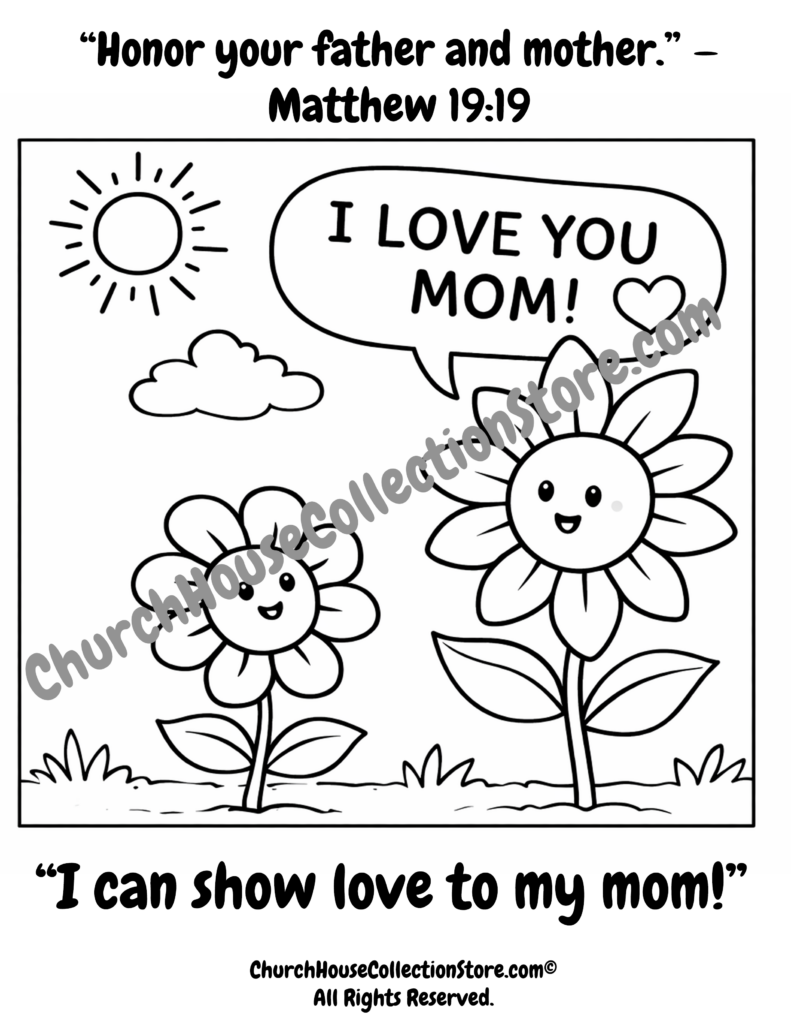 Black-and-white mom-themed coloring page with flowers and text