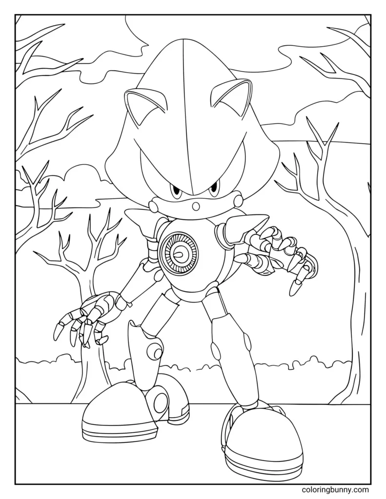 Line art of a robotic hedgehog in a forest