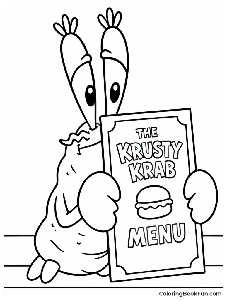 Black-and-white cartoon crab holding a Krusty Krab menu