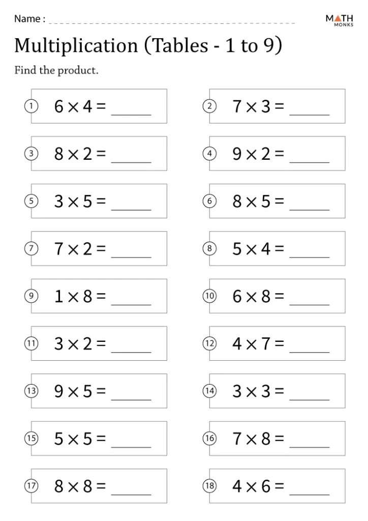 Multiplication worksheet with numbered equations and blanks
