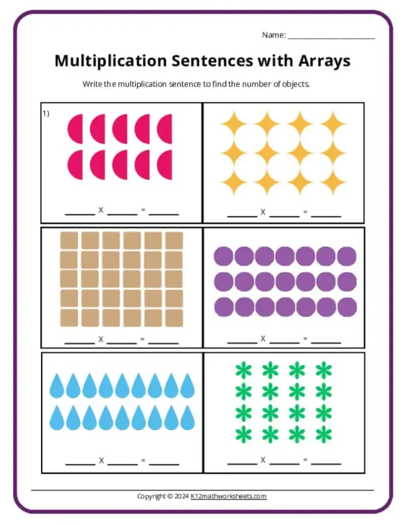Multiplication worksheet with six colored arrays and answer lines
