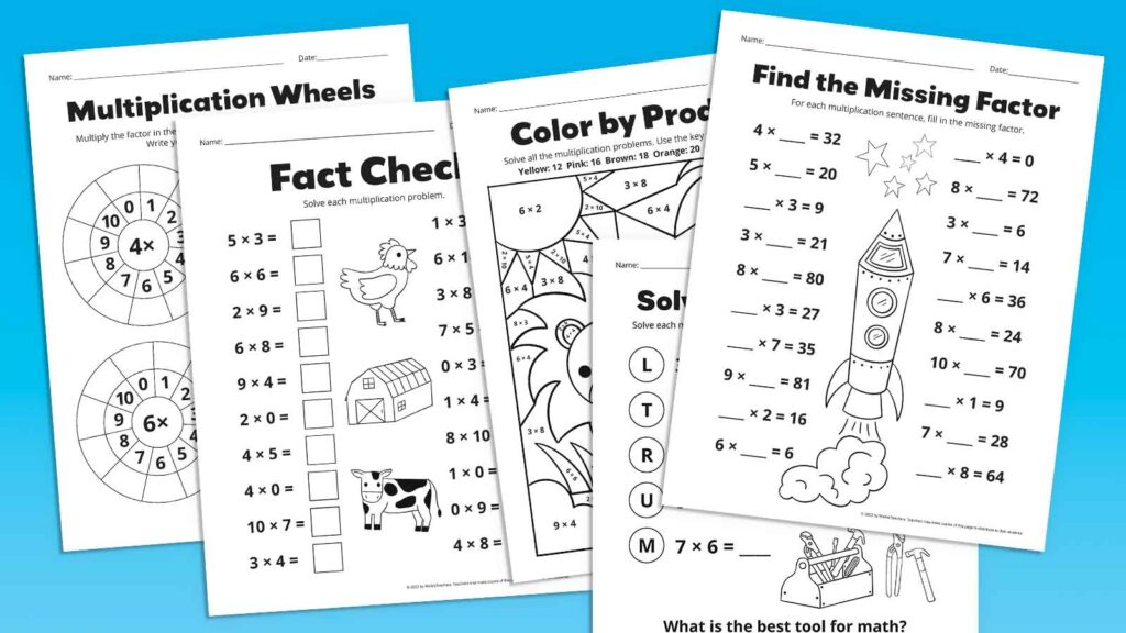 Overlapping multiplication worksheets on blue background