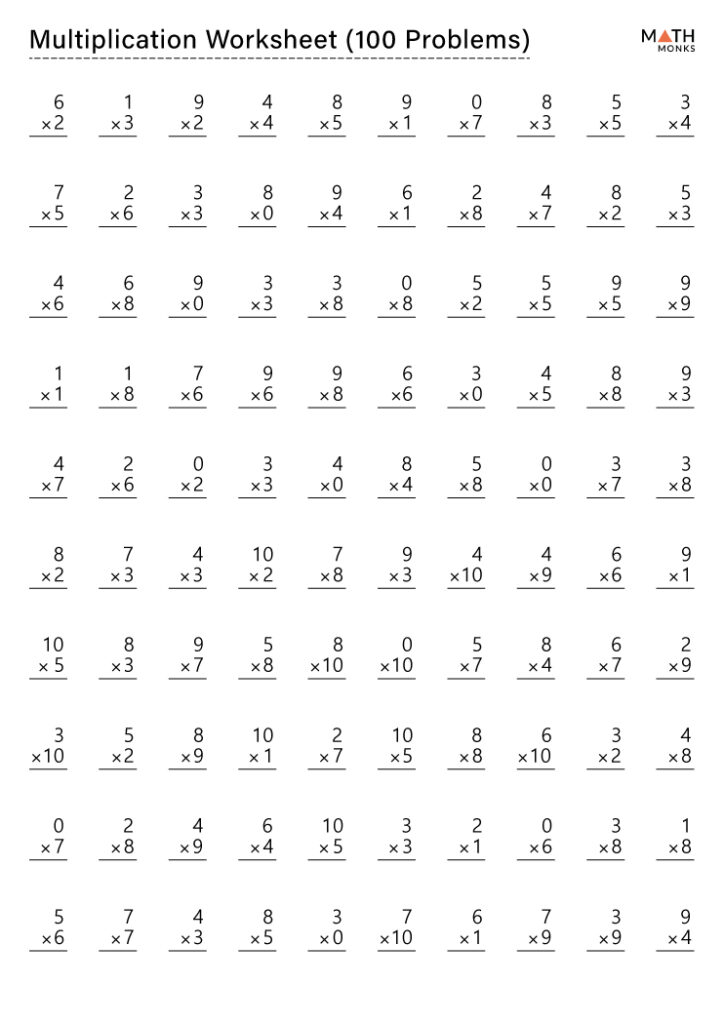 Multiplication worksheet with 100 problems in rows