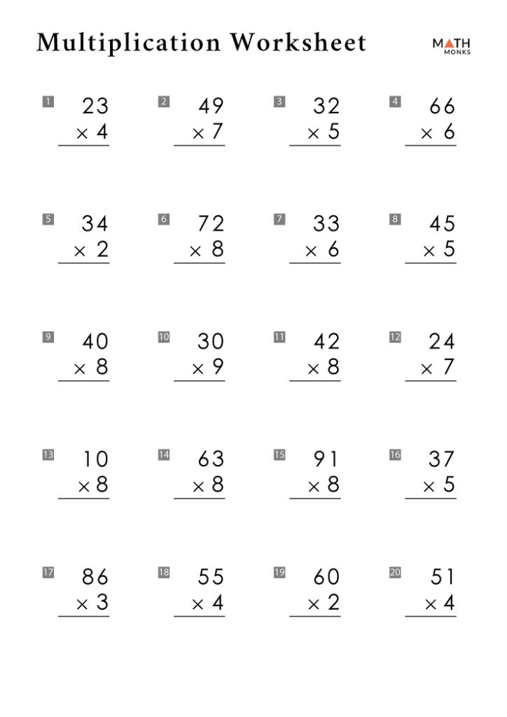 Multiplication worksheet with twenty problems on white page