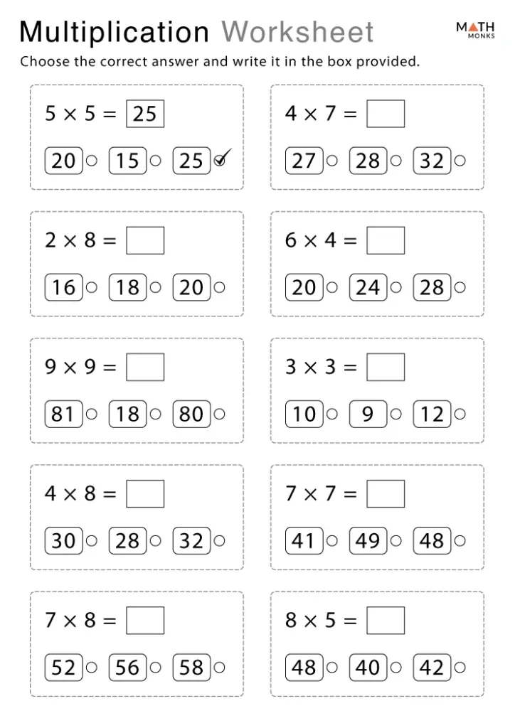 Printable multiplication worksheet with multiple choice problems