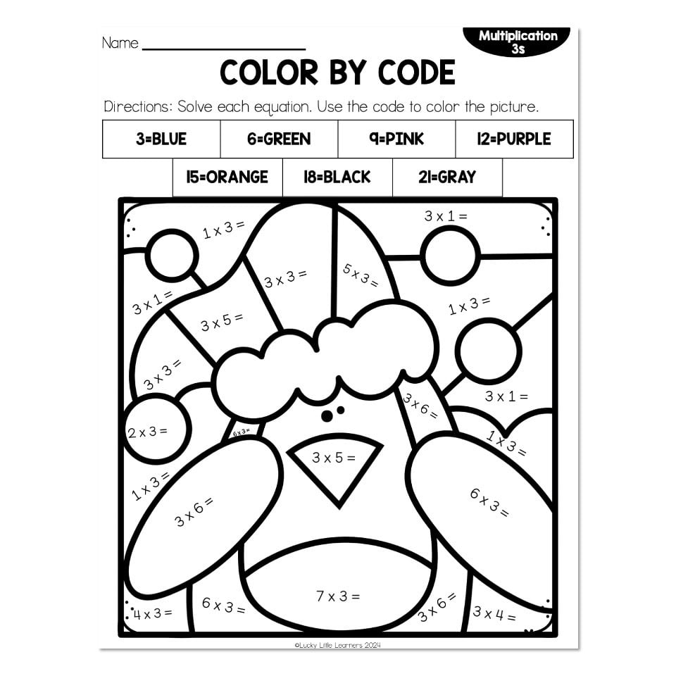 Multiplication color-by-code worksheet with a cartoon animal