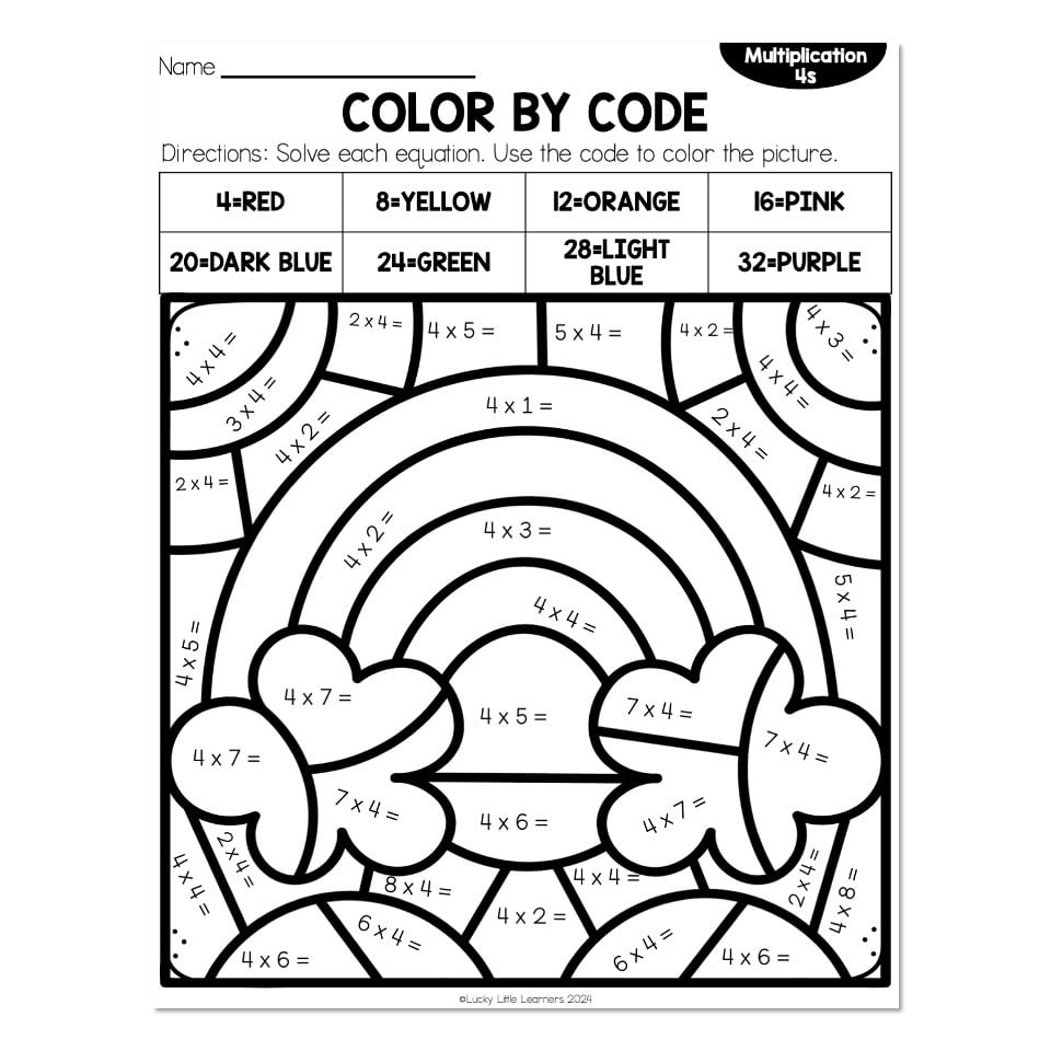 Multiplication color-by-code rainbow worksheet page