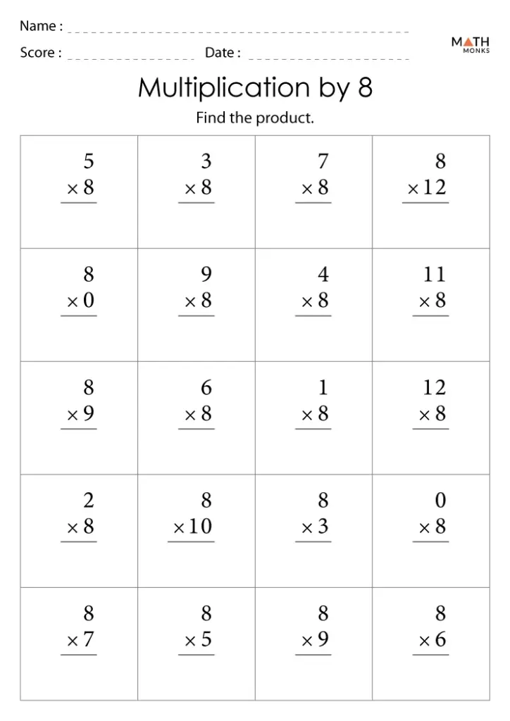 Math worksheet titled “Multiplication by 8” with grid problems