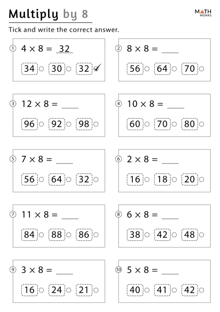 Multiplication worksheet with 8 times tables problems