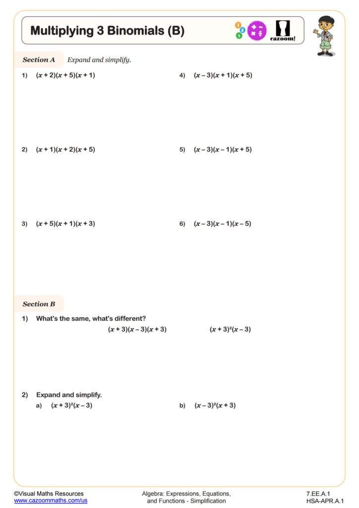 Math worksheet titled Multiplying 3 Binomials with problems