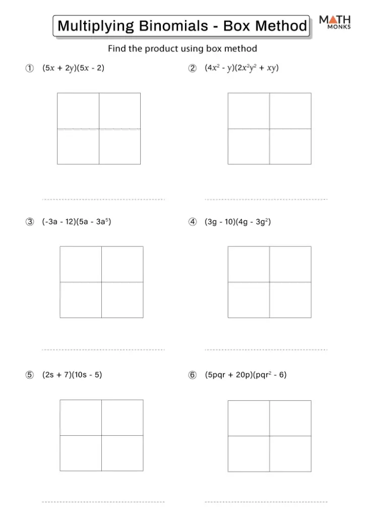 Algebra worksheet with six empty box-method grids