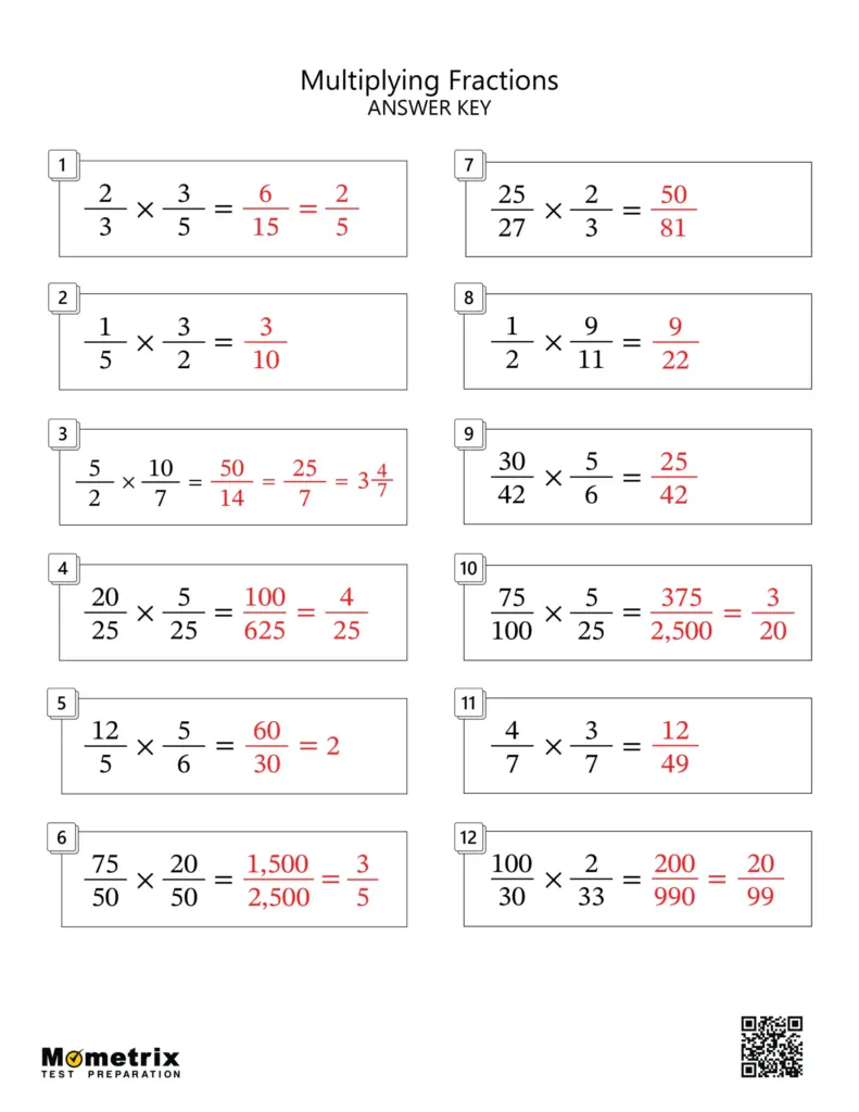 Multiplying Fractions answer key worksheet with twelve problems