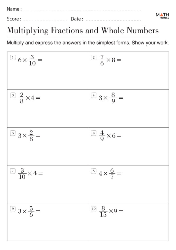 Fraction multiplication worksheet with ten problems