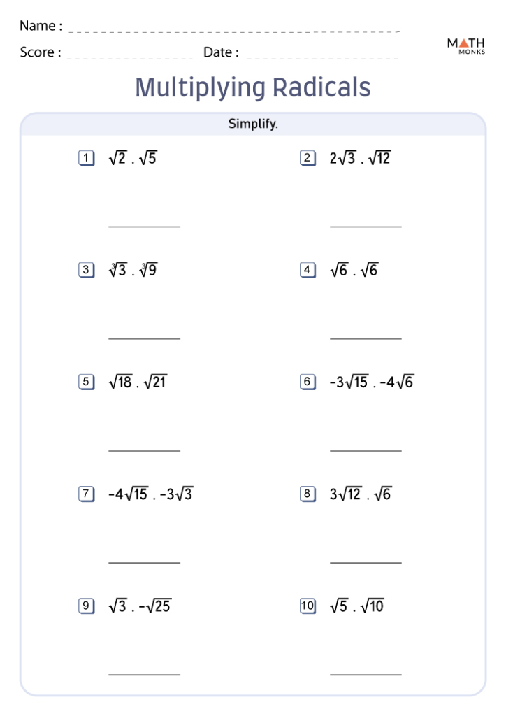 Math worksheet titled Multiplying Radicals with ten problems