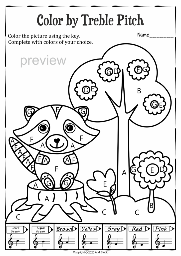 Music-themed raccoon coloring worksheet with tree and flowers