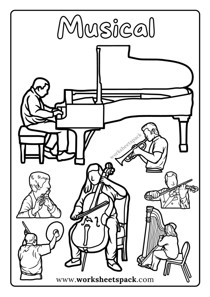 Musicians playing piano, trumpet, violin, cello, harp, and cymbal