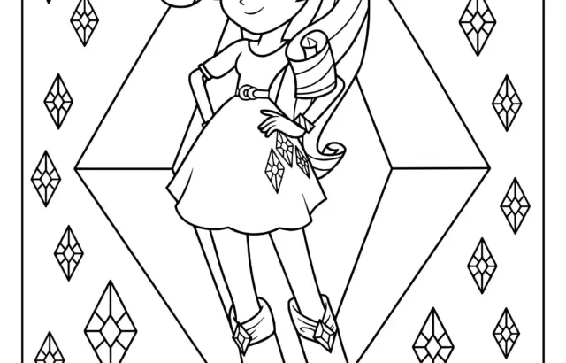Cartoon girl standing among gem shapes on coloring page