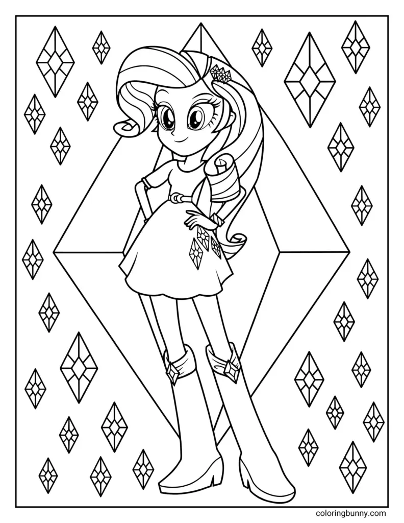 Cartoon girl standing among gem shapes on coloring page