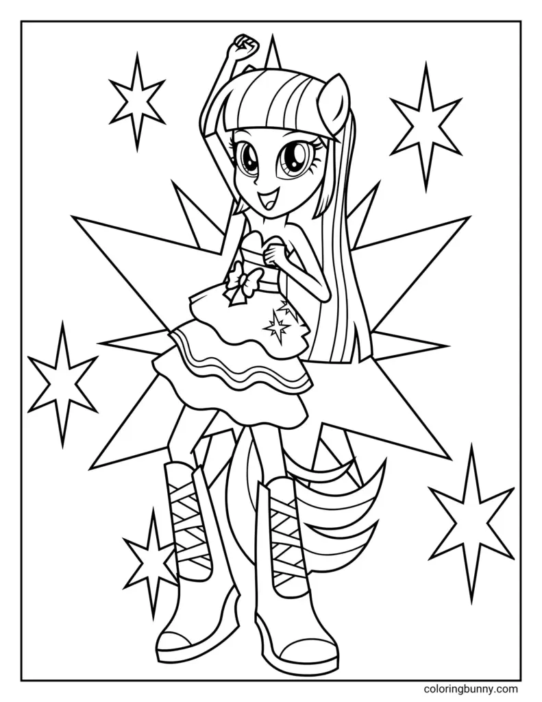 Cartoon girl in dress surrounded by starbursts, coloring page
