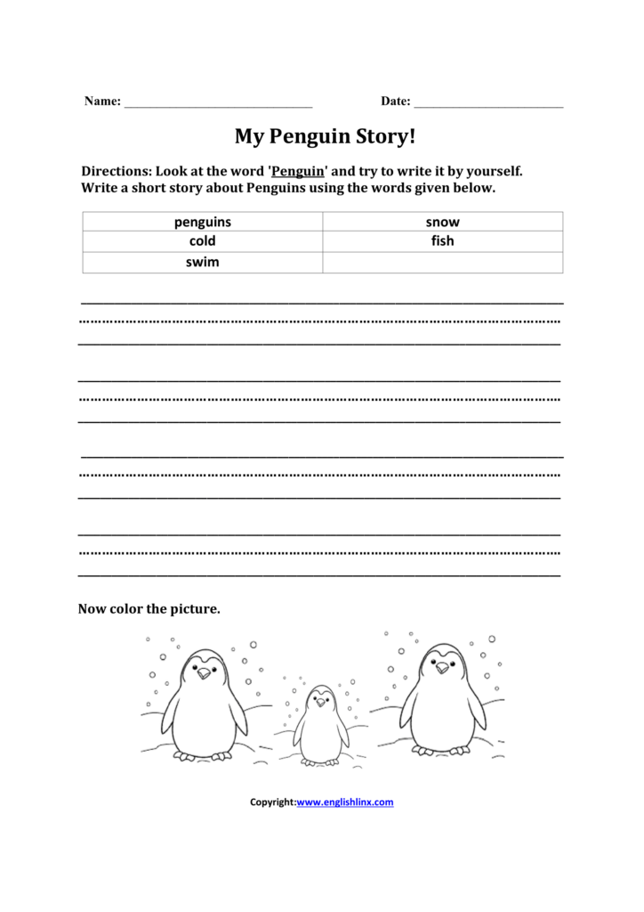 Penguin story worksheet with writing lines and three penguins