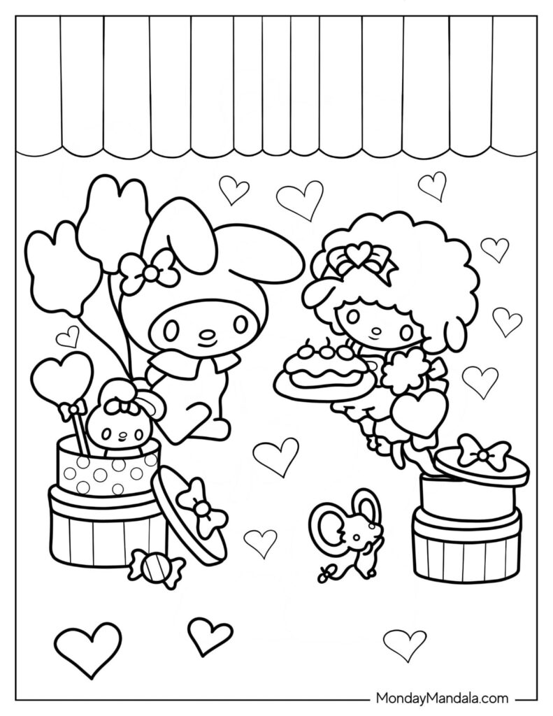 Two cute cartoon characters with hearts and gifts