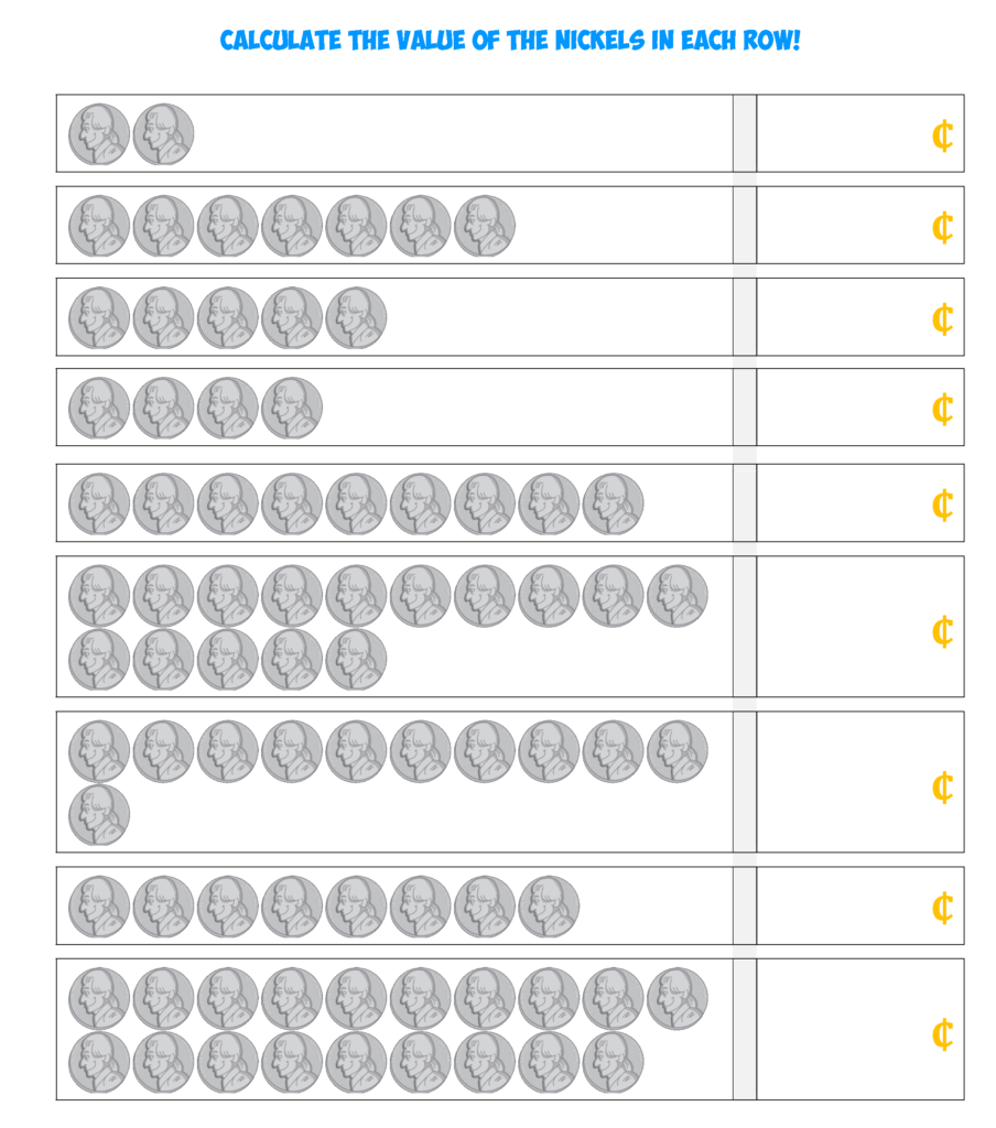 Nickel counting worksheet with rows of coins