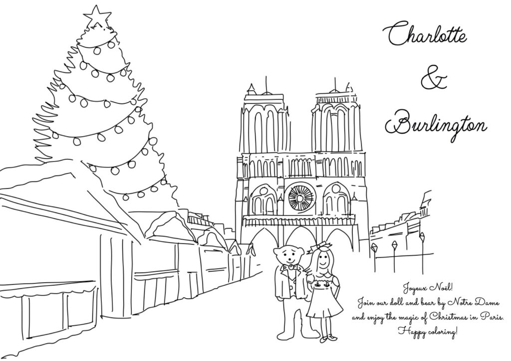 Line drawing of Notre Dame, Christmas tree, and couple on street