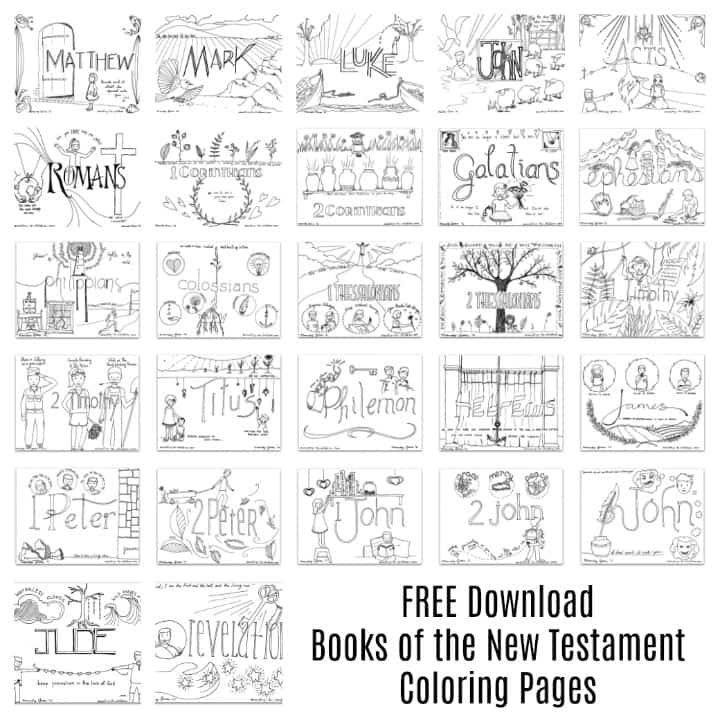 Collage of New Testament book coloring page thumbnails