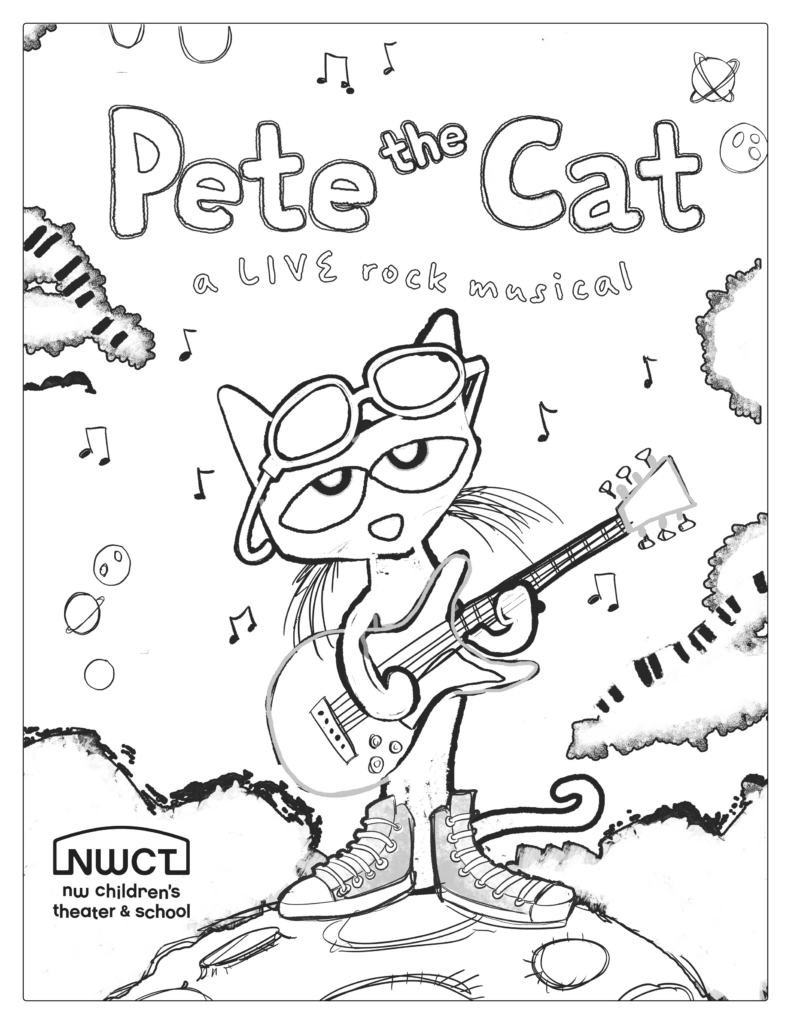 Black-and-white Pete the Cat guitar coloring page