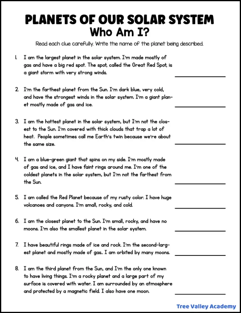 Solar system planets worksheet with eight clues