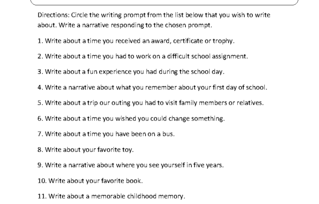 Narrative writing prompt list and worksheet page