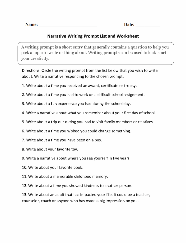 Narrative writing prompt list and worksheet page